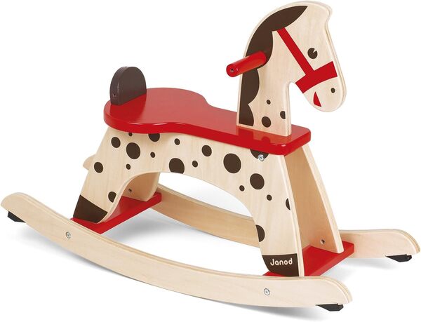 Janod - Cheval à Bascule en Bois Caramel - Jouet Premier Âge - Apprentissage Equilibre - Dès 1 an, J05984, Marron et Rouge