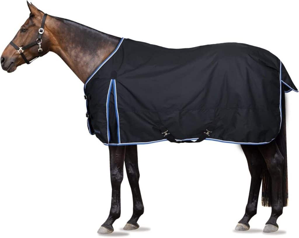 Test de la couverture de pluie Glasgow 100g par Horze : imperméabilité bleue pour chevaux