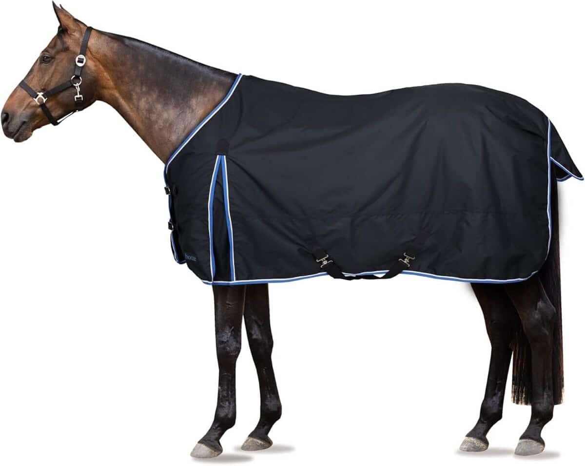 Test de la couverture de pluie Glasgow 100g par Horze : imperméabilité bleue pour chevaux