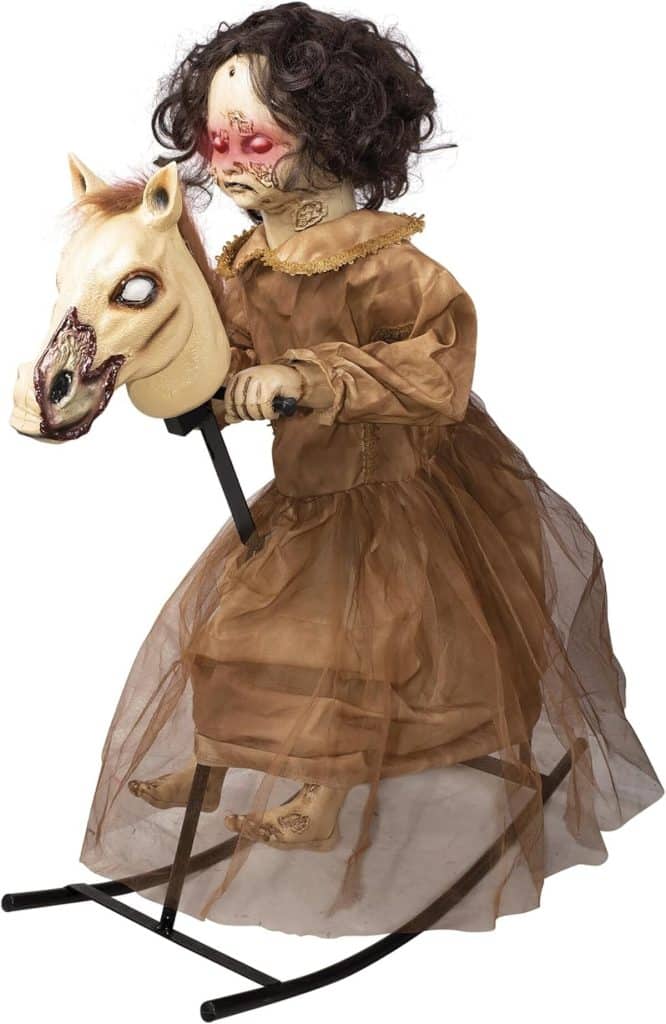 Test de l'automate Halloween P'tit Clown : fillette maudite sur cheval à bascule animé