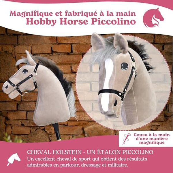 Découvrez le charmant hobby horse LarDen Piccolino, un cheval bâton fait main idéal pour stimuler l'imagination des enfants tout en offrant un jeu ludique et créatif.