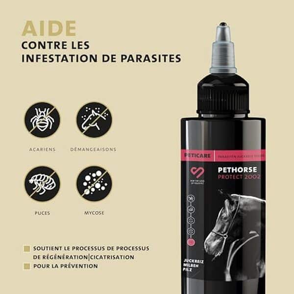 Découvrez l'efficacité de la lotion antiparasitaire Peticare pour chevaux : soulagement garanti grâce à la technologie PRS®